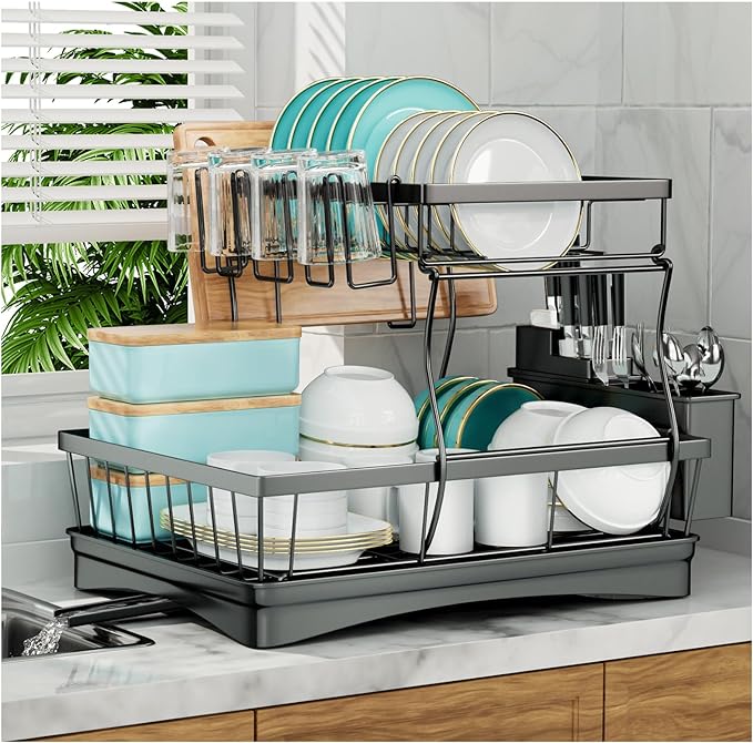 Large Dish Drying Rack for Kitchen Counter, Detachable Large Capacity Dish Drainer Organizer with Utensil Holder