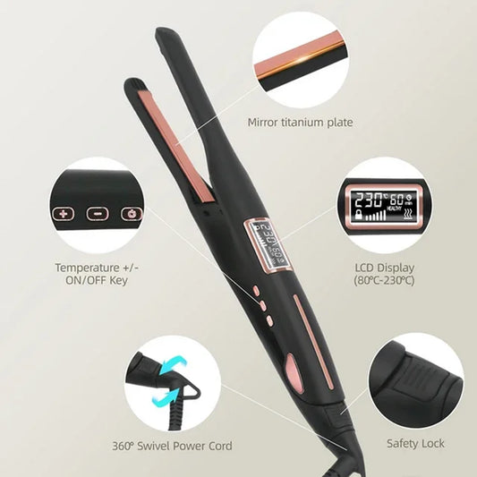 3/10 inch Small Flat Iron, Pencil Flat Iron for Short Hair Styling, Ceramic Mini Hair Straightener with Adjustable Temperature, 15s Fast Heating