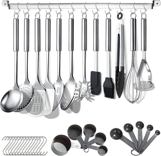 Kitchen Utensils Set 38 Pieces, Stainless Steel Cooking Utensils Set, Kitchen Gadgets Cookware, Kitchen Tool Set with Utensil Holder Rack And Hooks For Hanging Dishwasher Safe