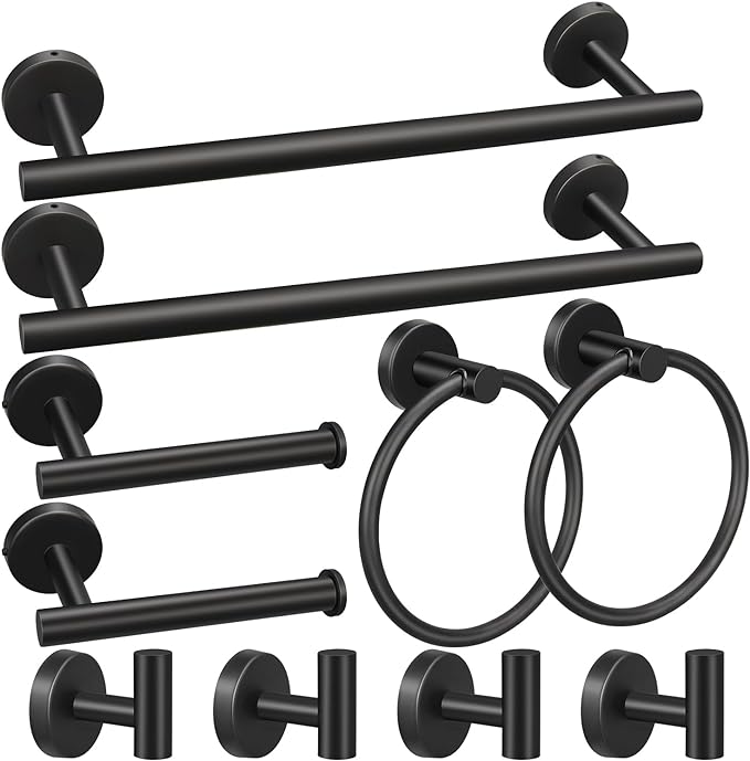 5/10/20pcs Bathroom Hardware Set, Matte Black/Brushed Nickel/Brushed Gold Bathroom Hardware Set, Including 16" Hand Towel Bars, Toilet Paper Holders, Towel Rings, Robe Towel Hooks (10pcs, Black)